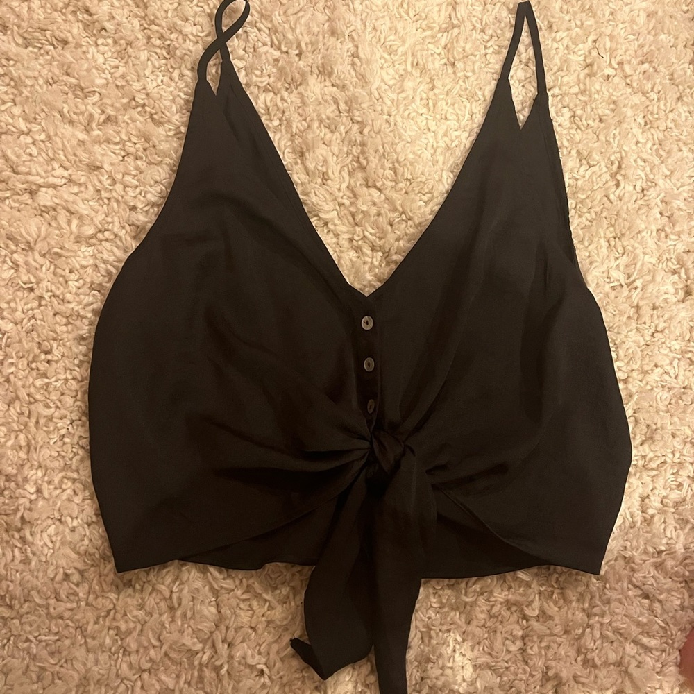 Free People Blouse Black Cropped Tie Front Shirt Deep V Women’s Size S